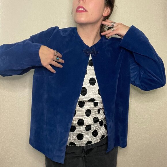 Vintage Jackets & Blazers - Vintage Cobalt Blue Velvet Lightweight Jacket Large